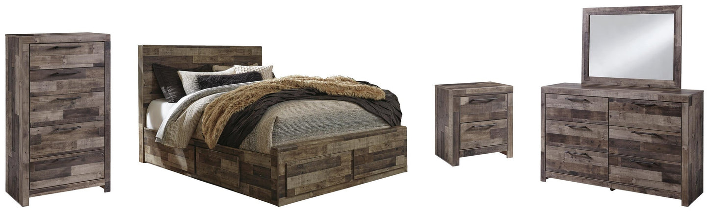 Derekson Queen Panel Bed with 4 Storage Drawers with Mirrored Dresser, Chest and Nightstand