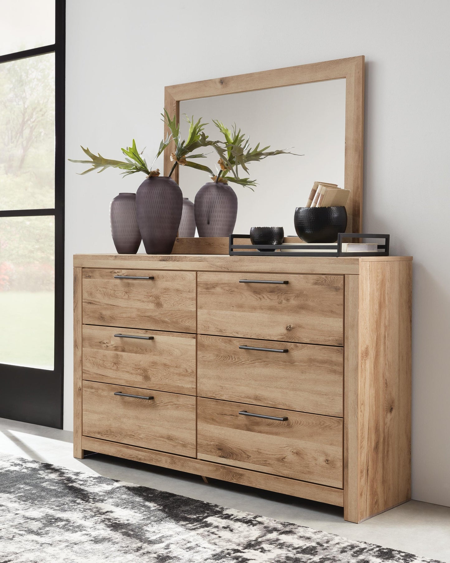 Hyanna King Panel Storage Bed with 1 Under Bed Storage Drawer, Dresser, Mirror and Nightstand