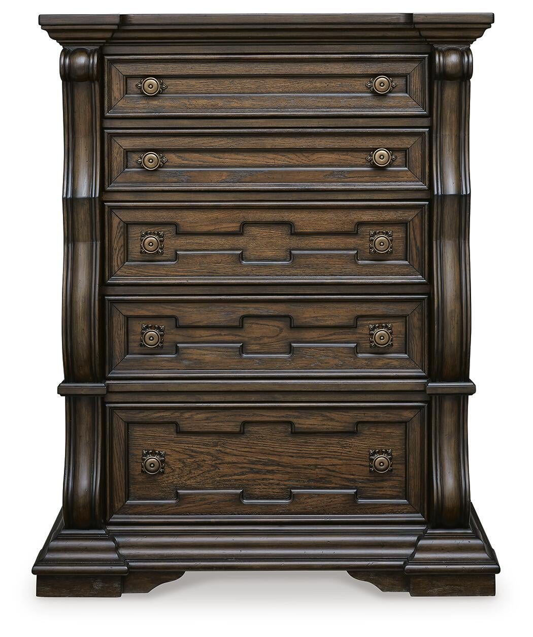 Maylee King Upholstered Bed, Dresser, Mirror, Chest and Nightstand