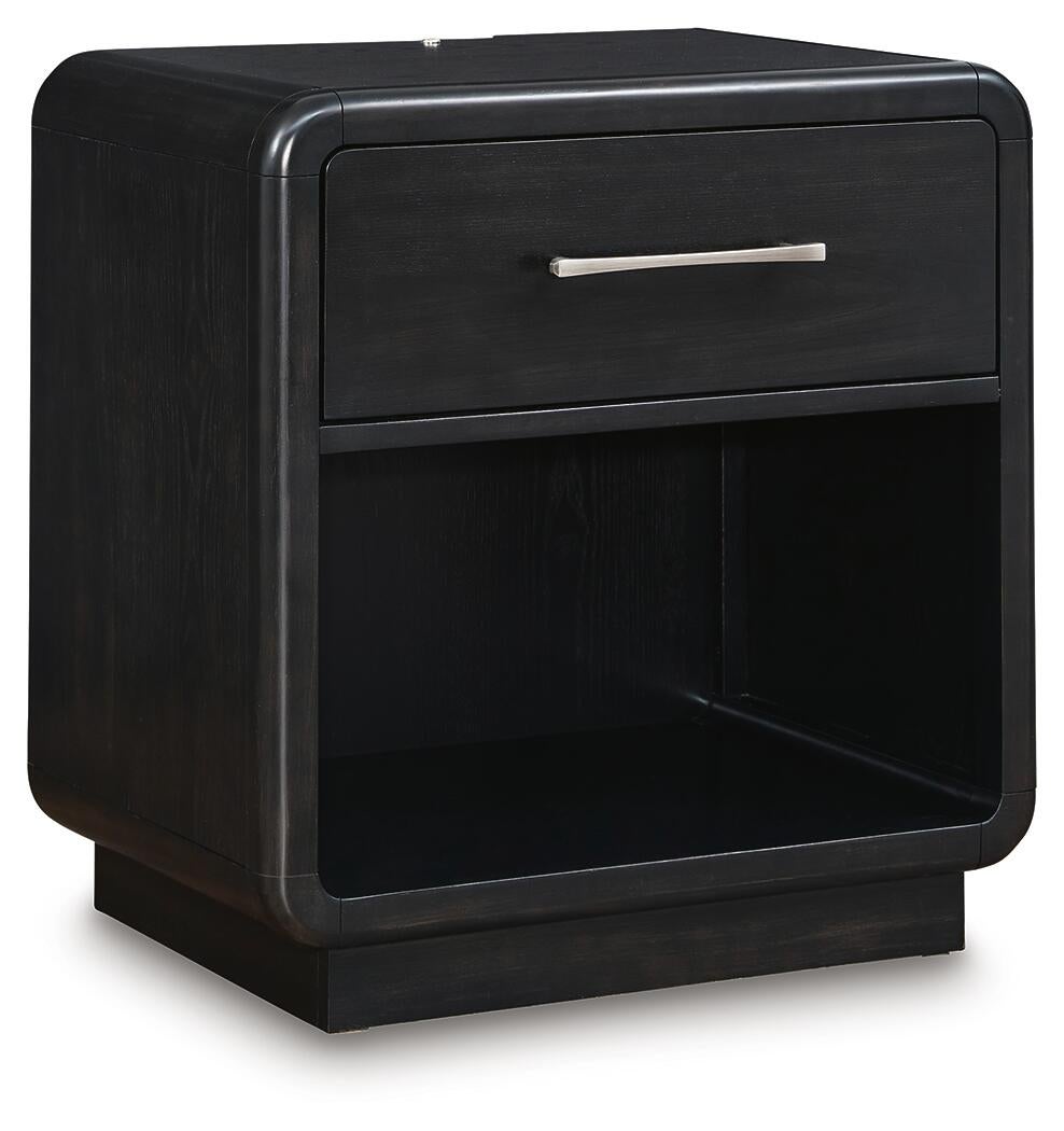 Rowanbeck King Upholstered Panel Bed, Dresser, Mirror and Nightstand