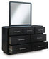 Rowanbeck Queen Upholstered Panel Bed with Mirrored Dresser