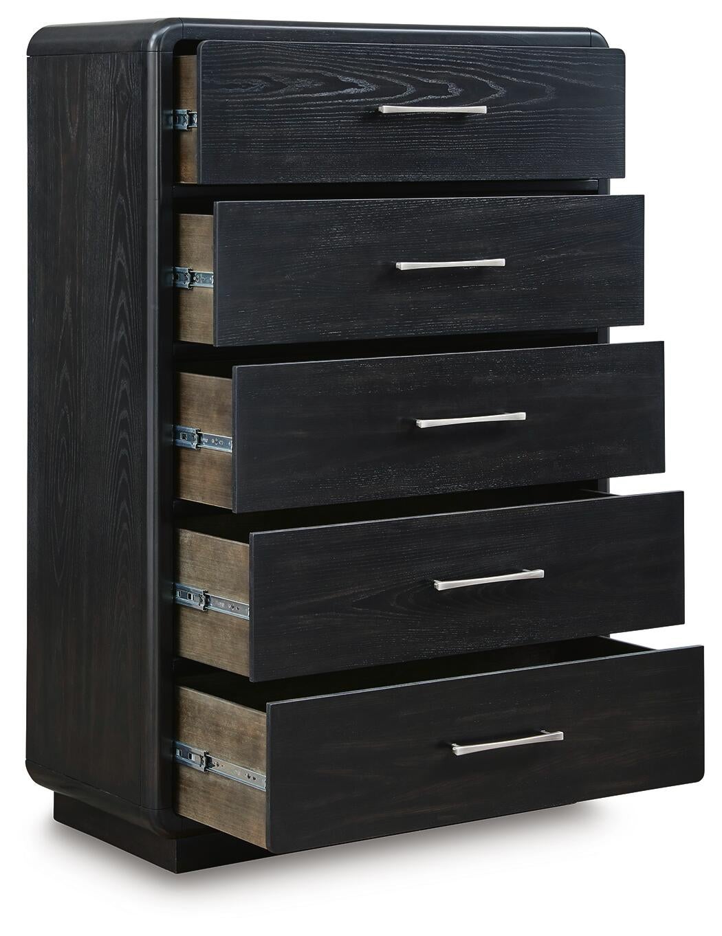 Rowanbeck California King Upholstered Panel Bed, Dresser, Mirror, Chest and Nightstand
