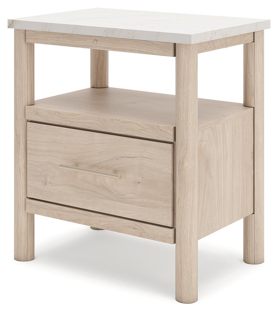 Cadmori Queen Upholstered Panel Bed with Mirrored Dresser and Nightstand