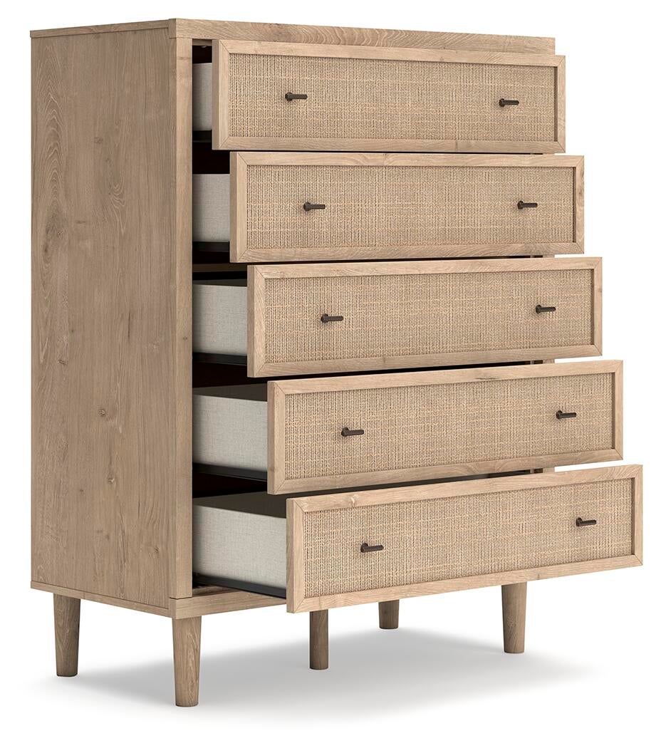 Cielden Queen Panel Bed with Mirrored Dresser, Chest and Nightstand