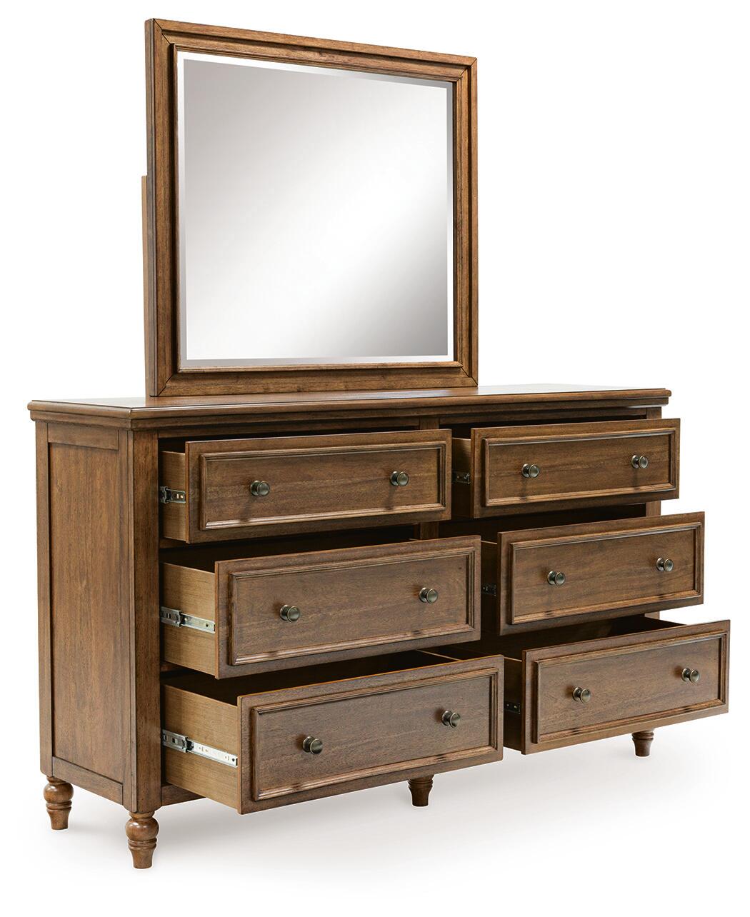 Sturlayne King Upholstered Panel Bed, Dresser, Mirror, Chest and Nightstand