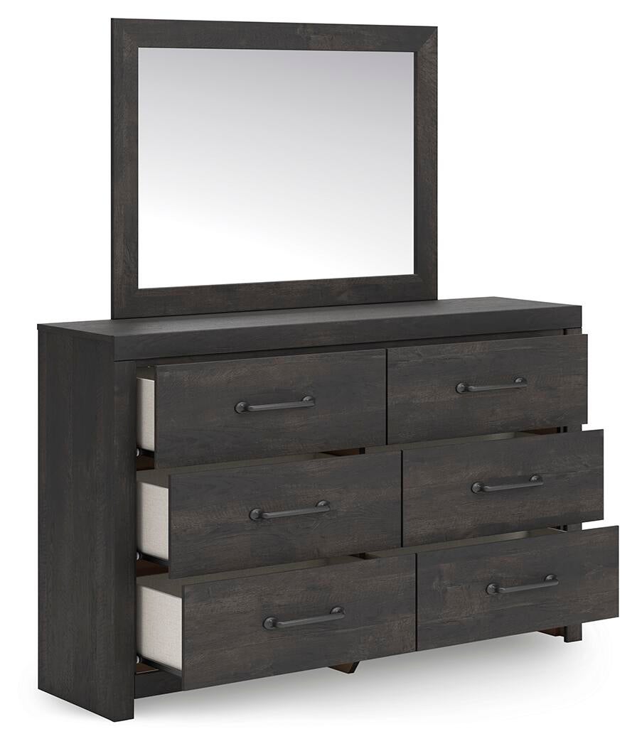 Delmorta Twin Panel Bed with Storage, Dresser, Mirror, Chest and Nightstand