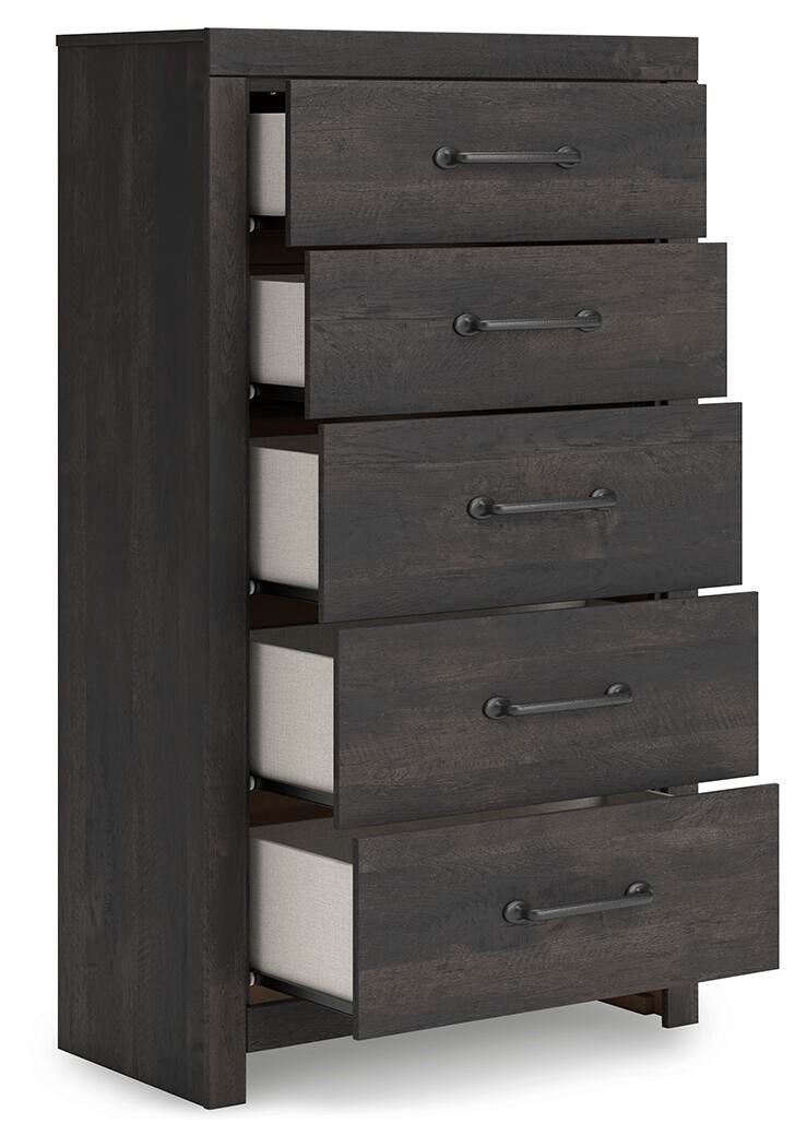 Delmorta Twin Panel Bed with Storage, Dresser, Mirror, Chest and Nightstand