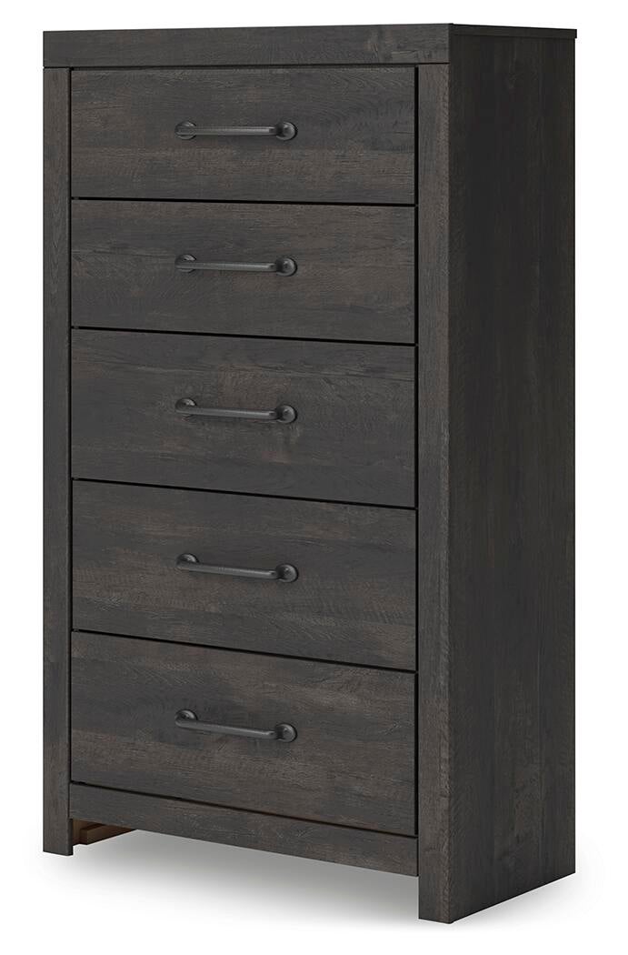 Delmorta Twin Panel Bed with Storage, Dresser, Mirror, Chest and Nightstand