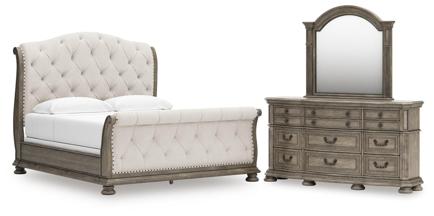 Ardenfield King Upholstered Sleigh Bed, Dresser and Mirror