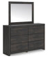 Delmorta Full Panel Storage Bed, Dresser, Mirror, Chest and Nightstand