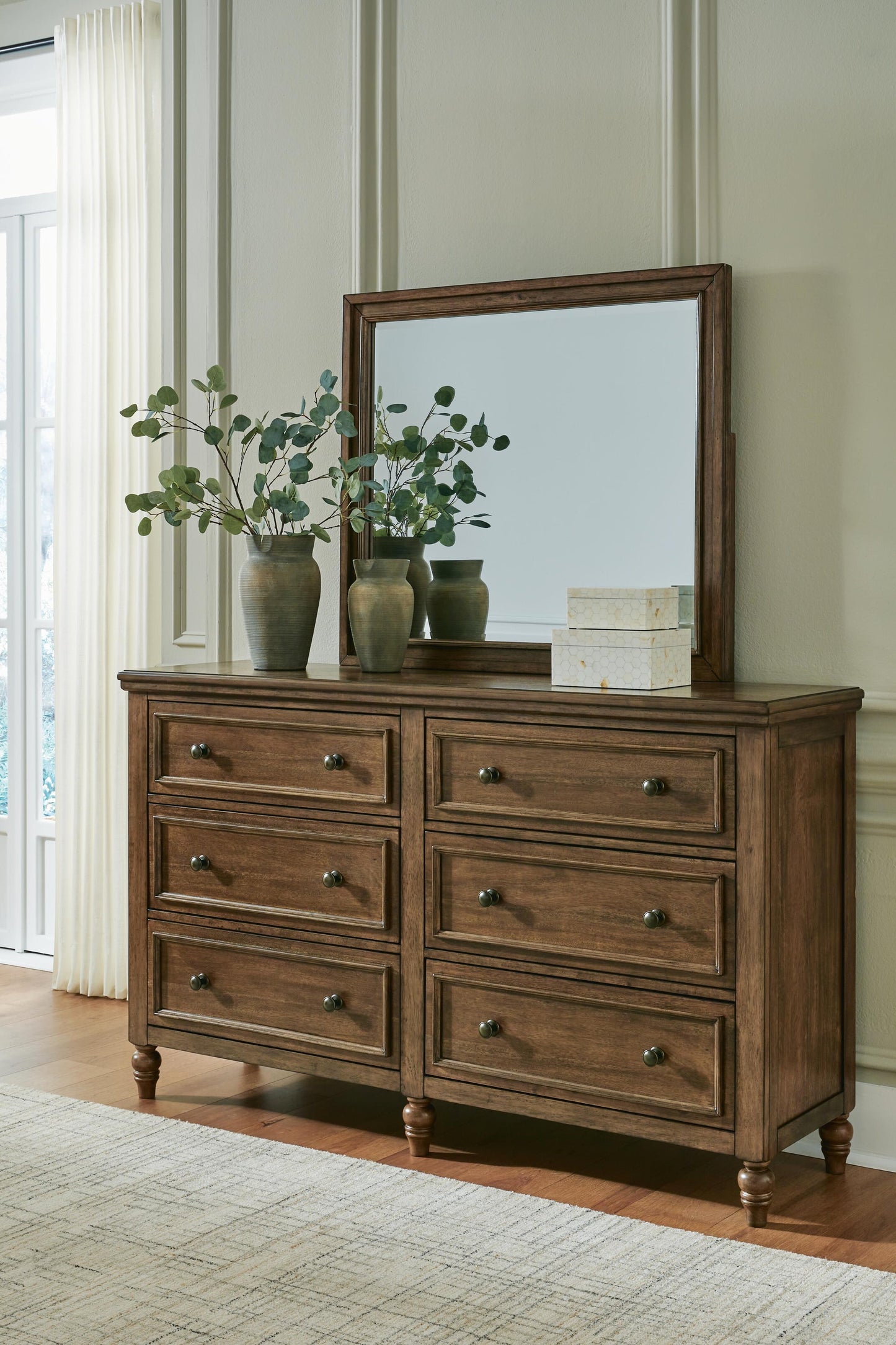 Sturlayne King Upholstered Panel Bed, Dresser and Mirror