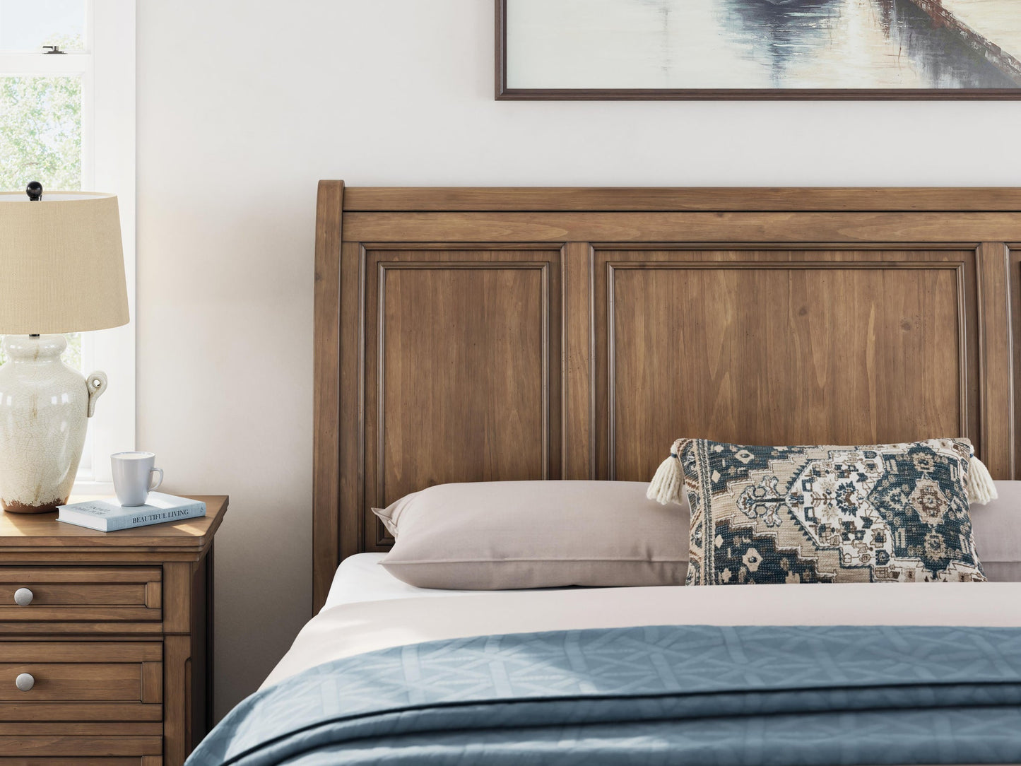Vandenmore California King Storage Sleigh Bed with Mirrored Dresser and Nightstand