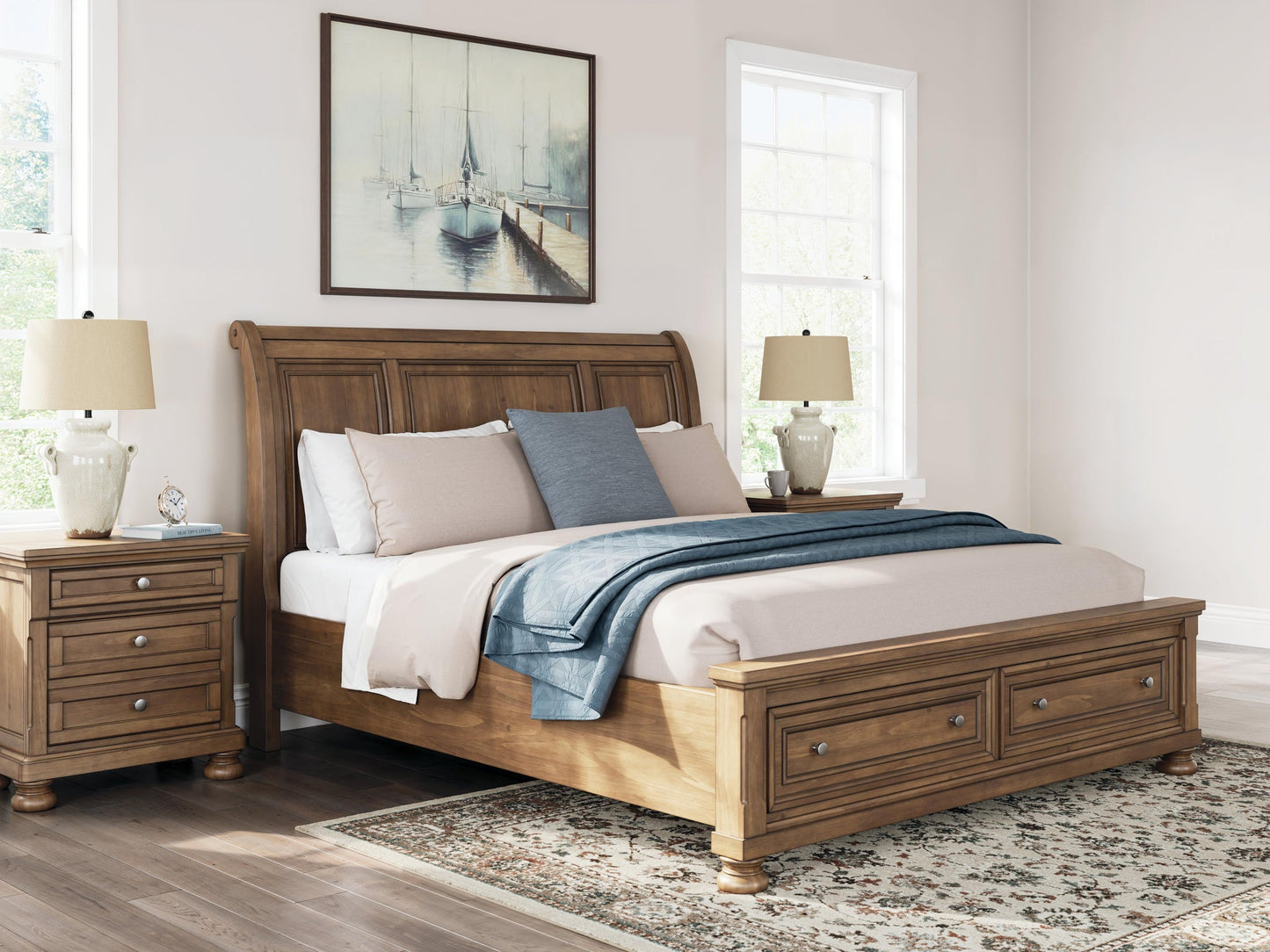 Vandenmore California King Storage Sleigh Bed with Mirrored Dresser and Nightstand