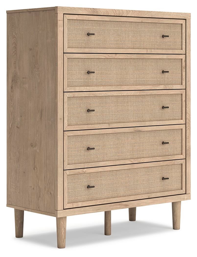 Cielden King Upholstered Bed with Roll Slats, Dresser, Mirror, Chest and Nightstand