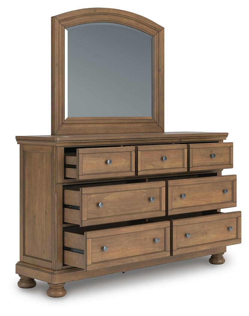 Vandenmore Queen Storage Sleigh Bed with Mirrored Dresser, Chest and Nightstand
