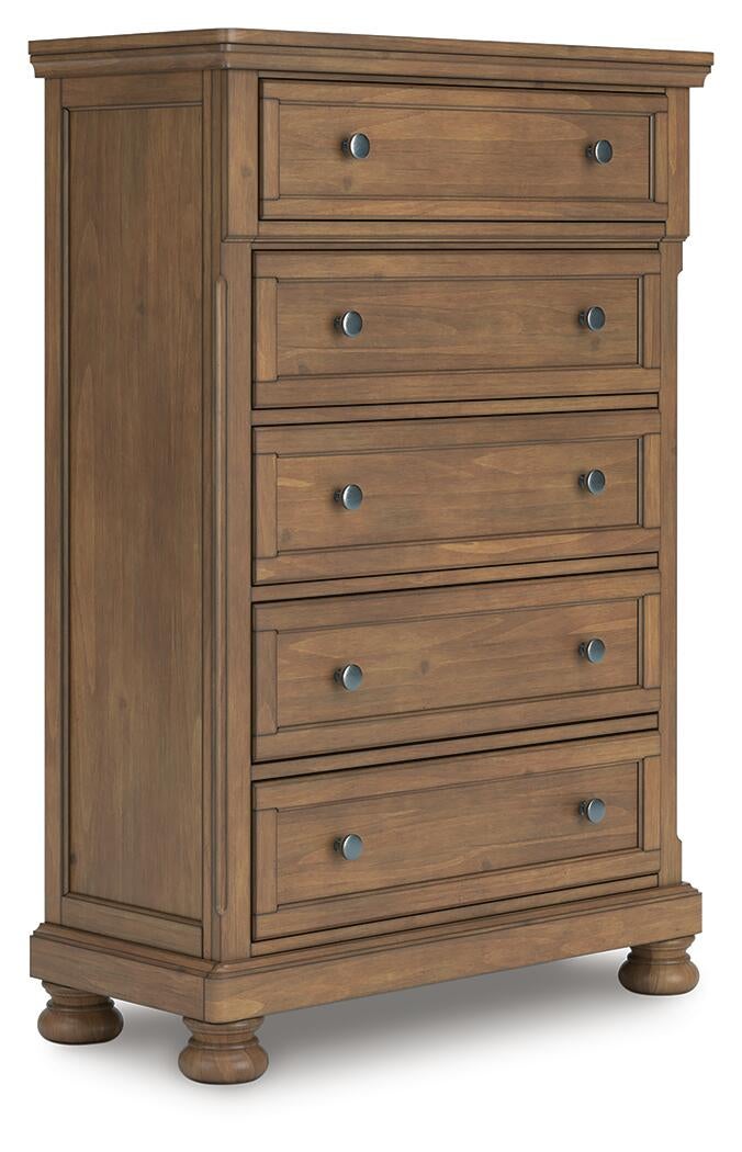 Vandenmore California King Storage Sleigh Bed with Mirrored Dresser, Chest and Nightstand