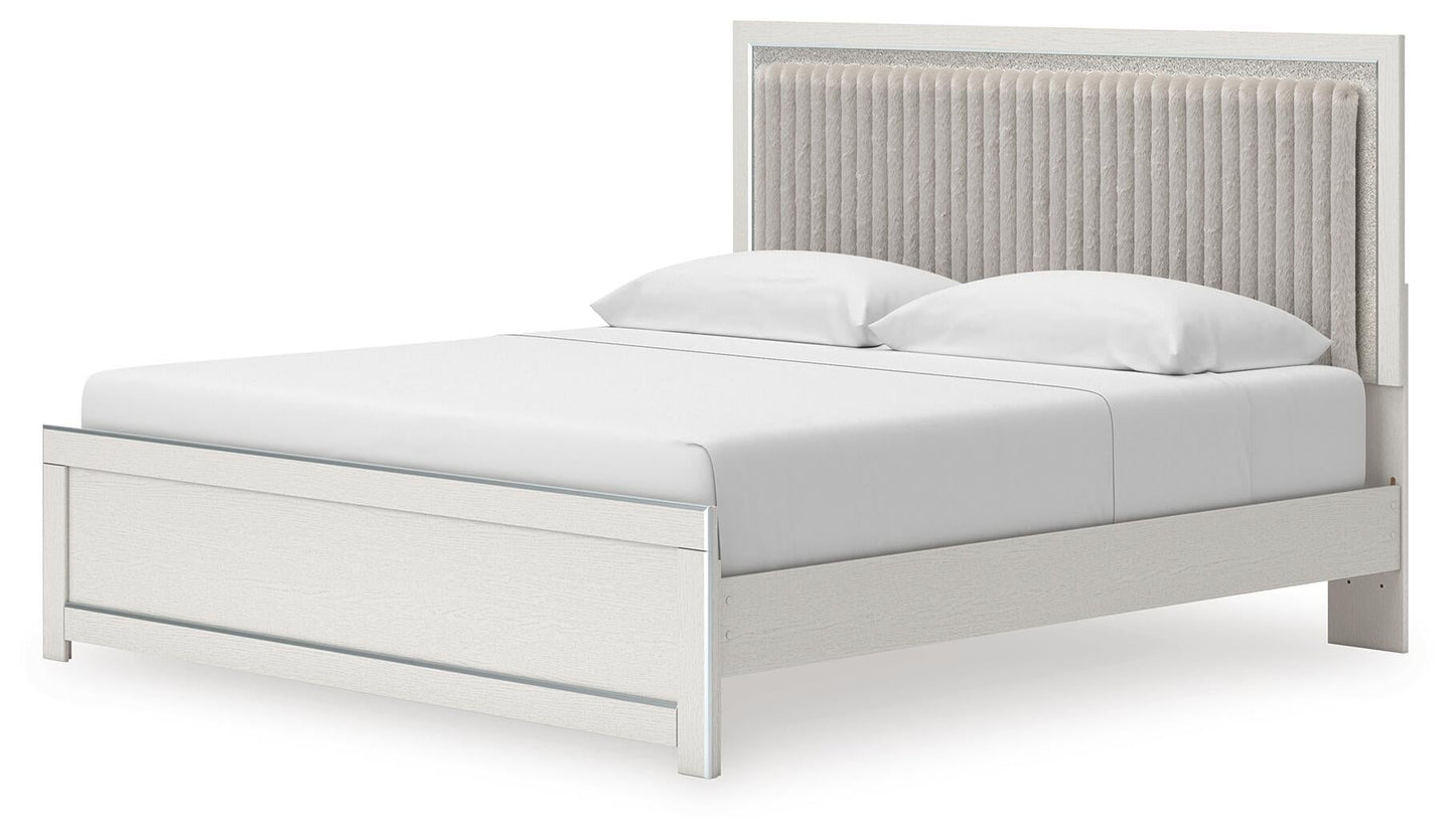 Birmonton King Upholstered Panel Platform Bed, Dresser and Mirror