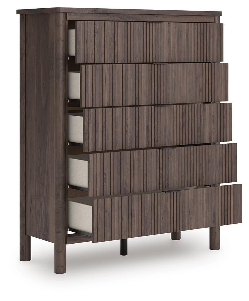 Cadmori King Upholstered Panel Bed, Dresser, Mirror, Chest and Nightstand