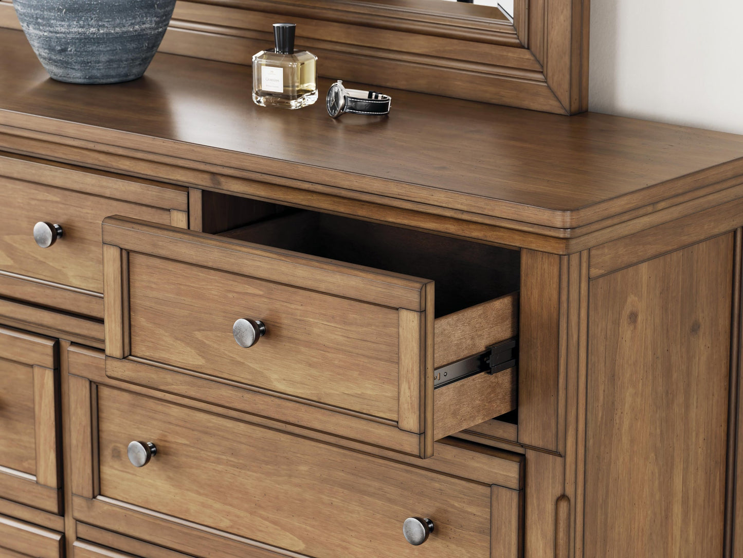 Vandenmore King Panel Bed with Mirrored Dresser, Chest and Nightstand