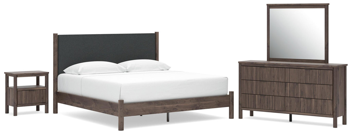 Cadmori King Upholstered Panel Platform Bed, Dresser, Mirror and Nightstand