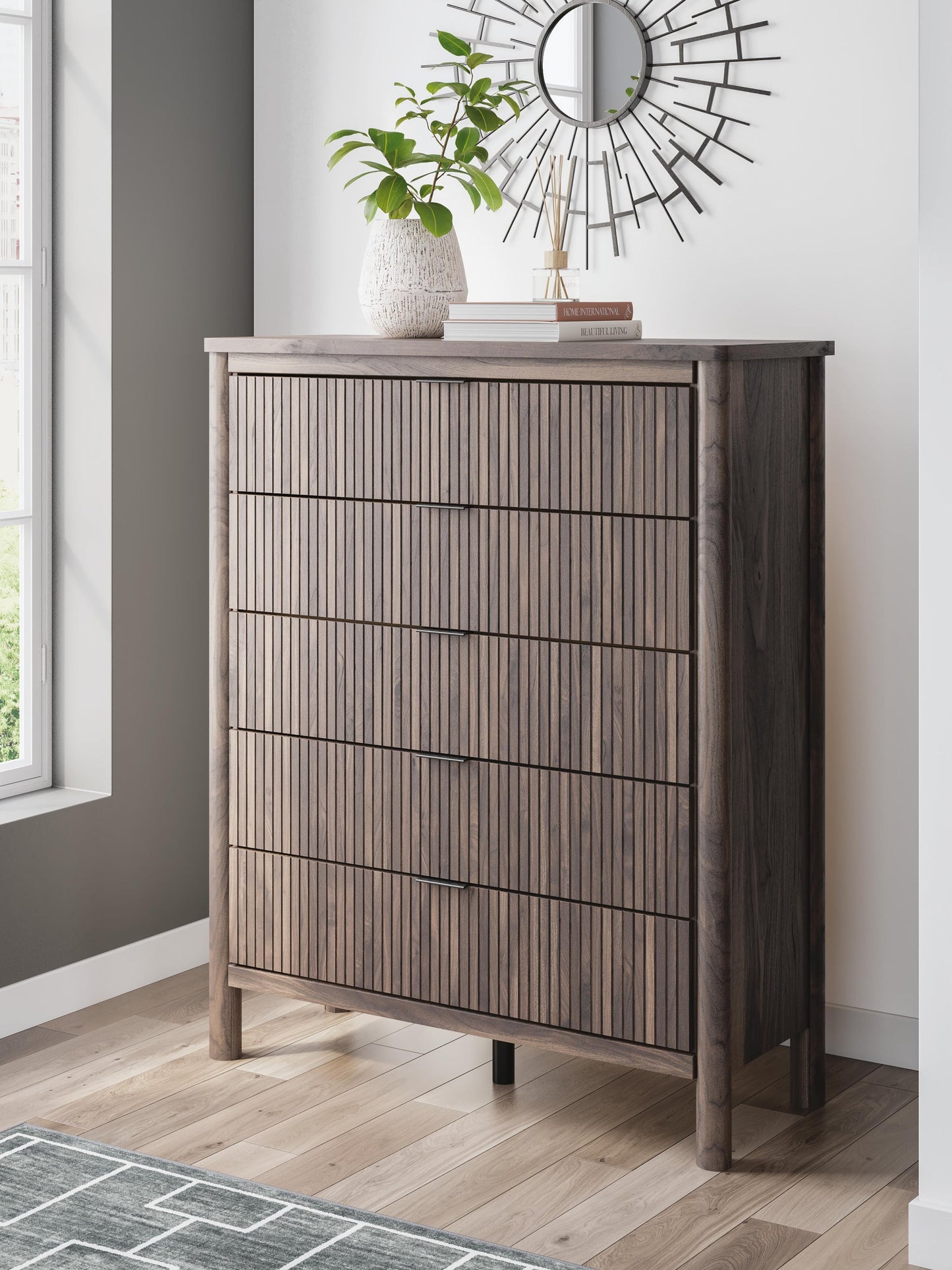 Cadmori Twin Upholstered Panel Platform Bed, Dresser, Mirror, Chest and Nightstand