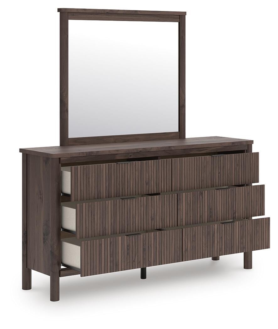 Cadmori Queen Upholstered Panel Bed, Dresser, Mirror, Chest and Nightstand