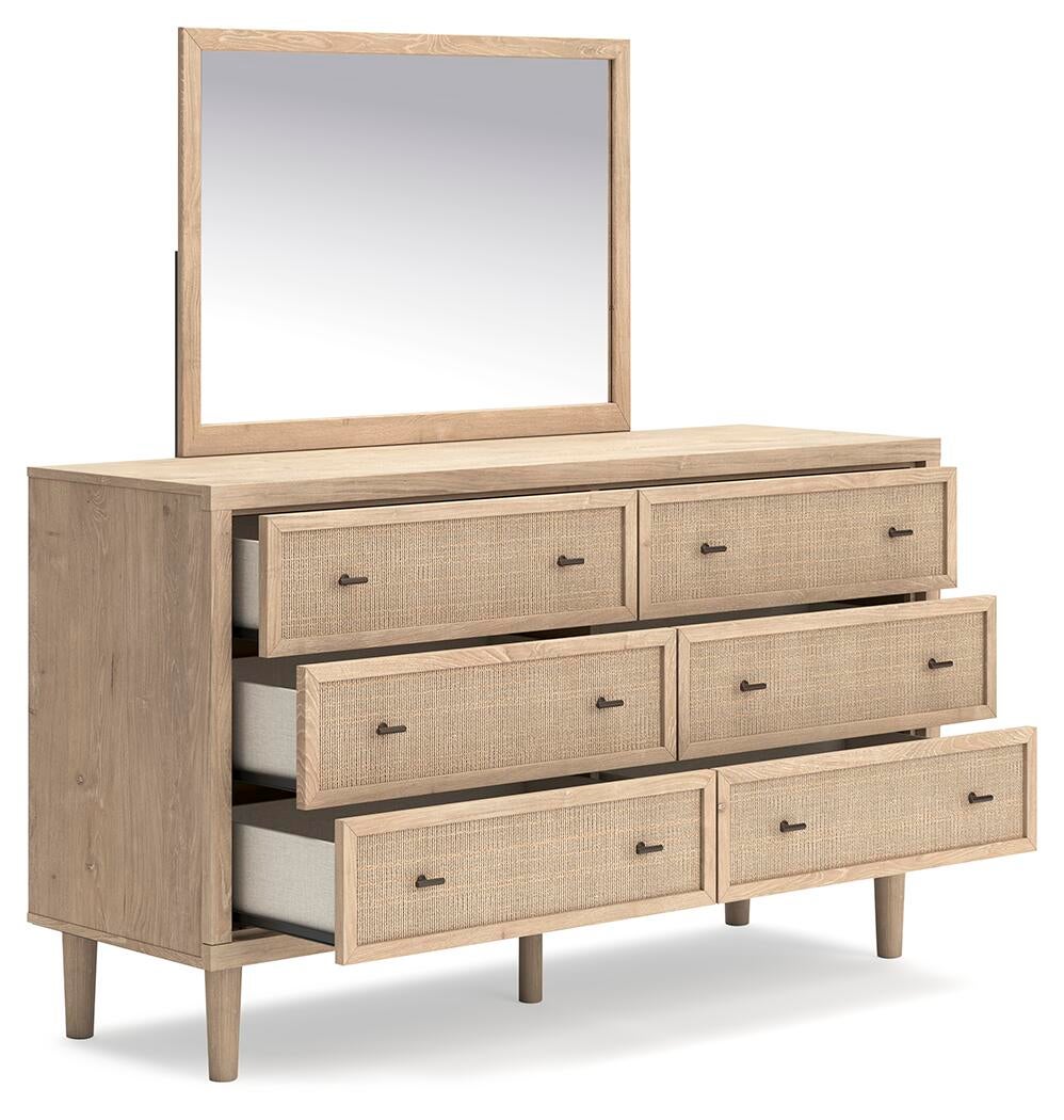 Cielden Queen Upholstered Bed with Roll Slats, Dresser and Mirror