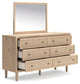 Cielden Queen Upholstered Bed with Roll Slats, Dresser and Mirror
