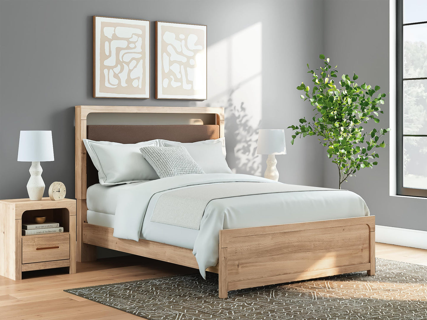 Hollymount Queen Upholstered Panel Bed, Dresser, Mirror and Nightstand