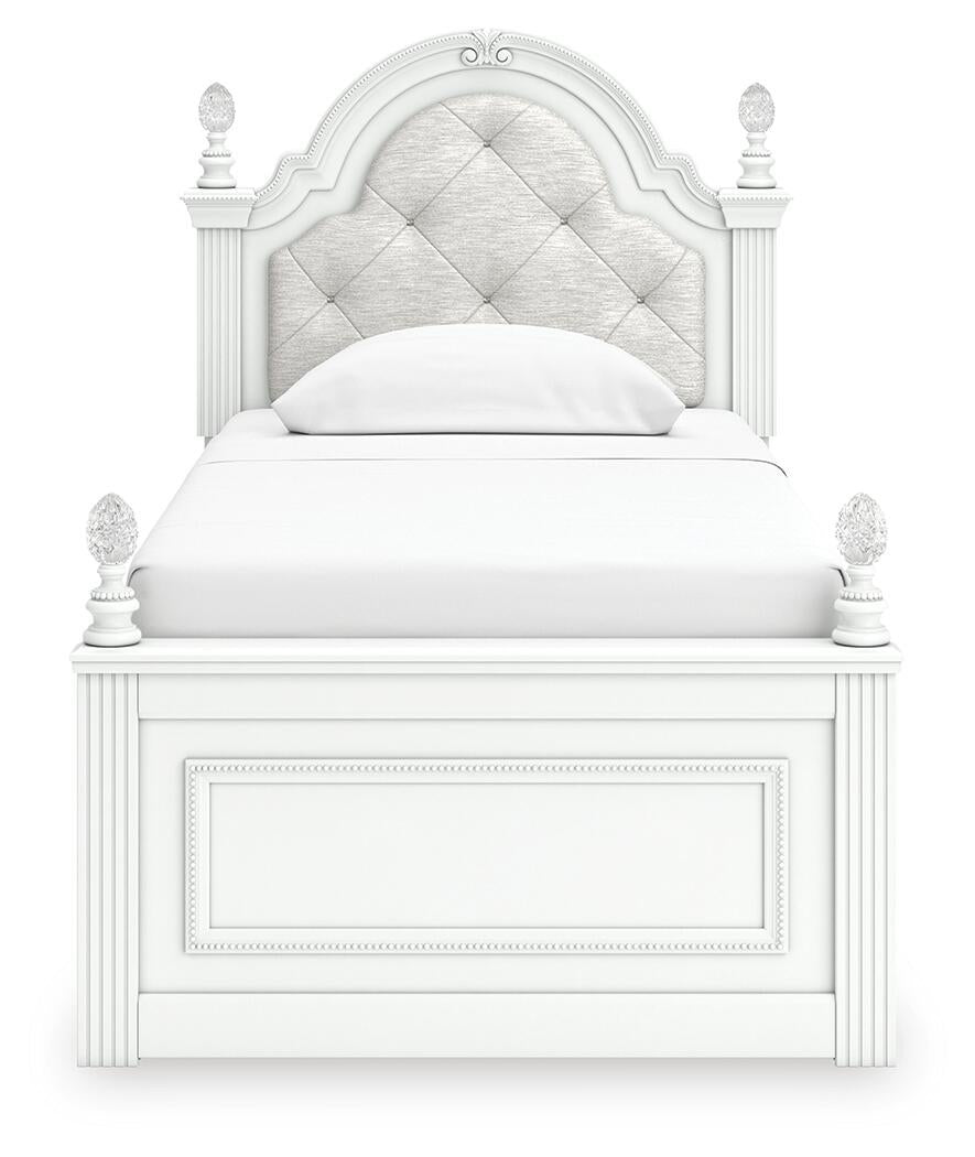 Maylilly Twin Upholstered Panel Bed, Dresser and Mirror
