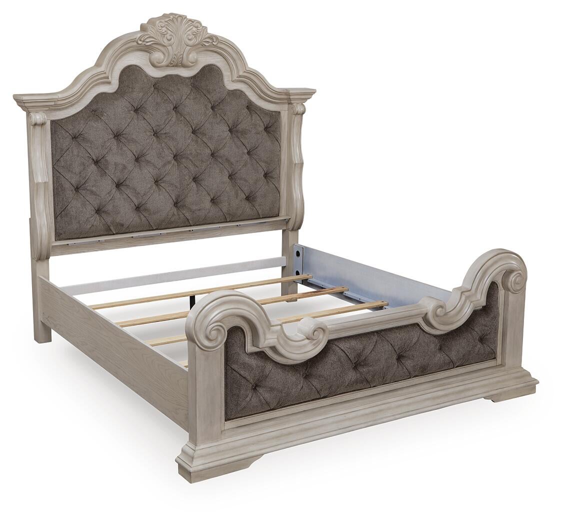 Andonhall California King Upholstered Panel Bed with Mirrored Dresser