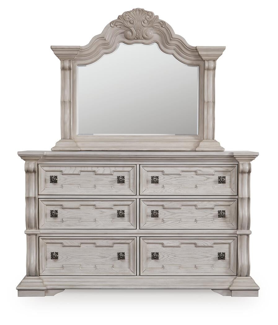 Andonhall King Upholstered Panel Bed with Mirrored Dresser and Nightstand