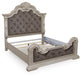 Andonhall California King Upholstered Panel Bed with Mirrored Dresser and Nightstand