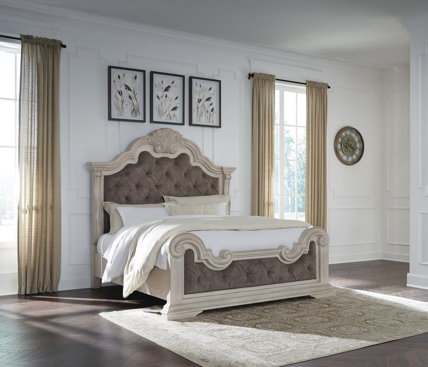 Andonhall California King Upholstered Panel Bed with Mirrored Dresser and Nightstand