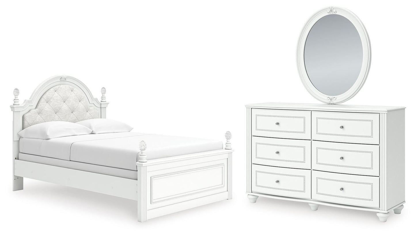 Maylilly Full Upholstered Panel Bed, Dresser and Mirror