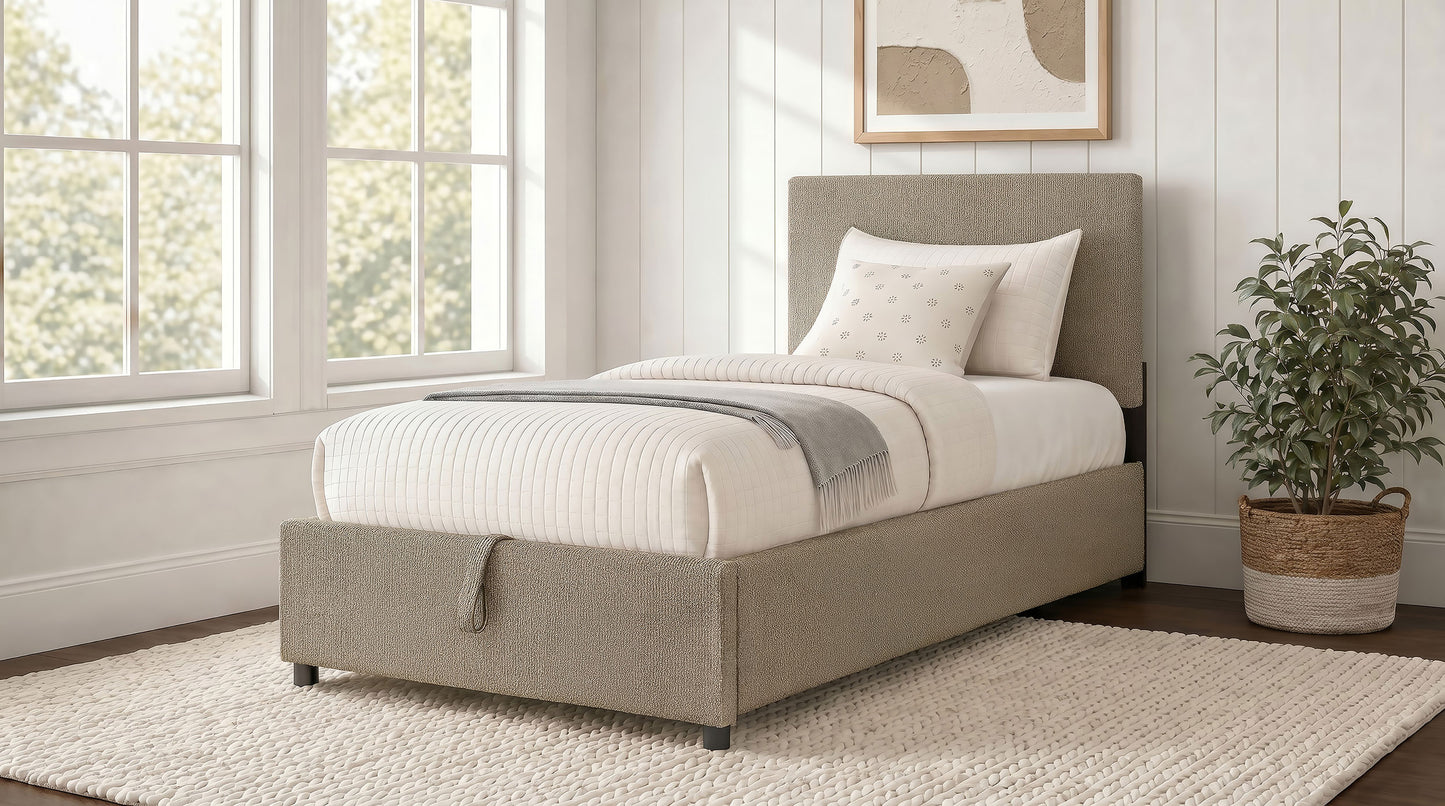 Reeves Upholstered Twin Lift-Top Storage Platform Bed Tan