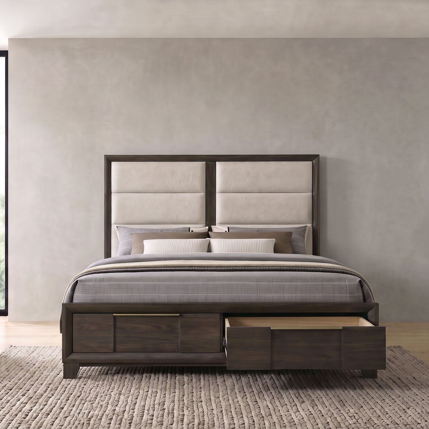Farre Eastern King Upholstered Storage Platform Bed Dark Brown
