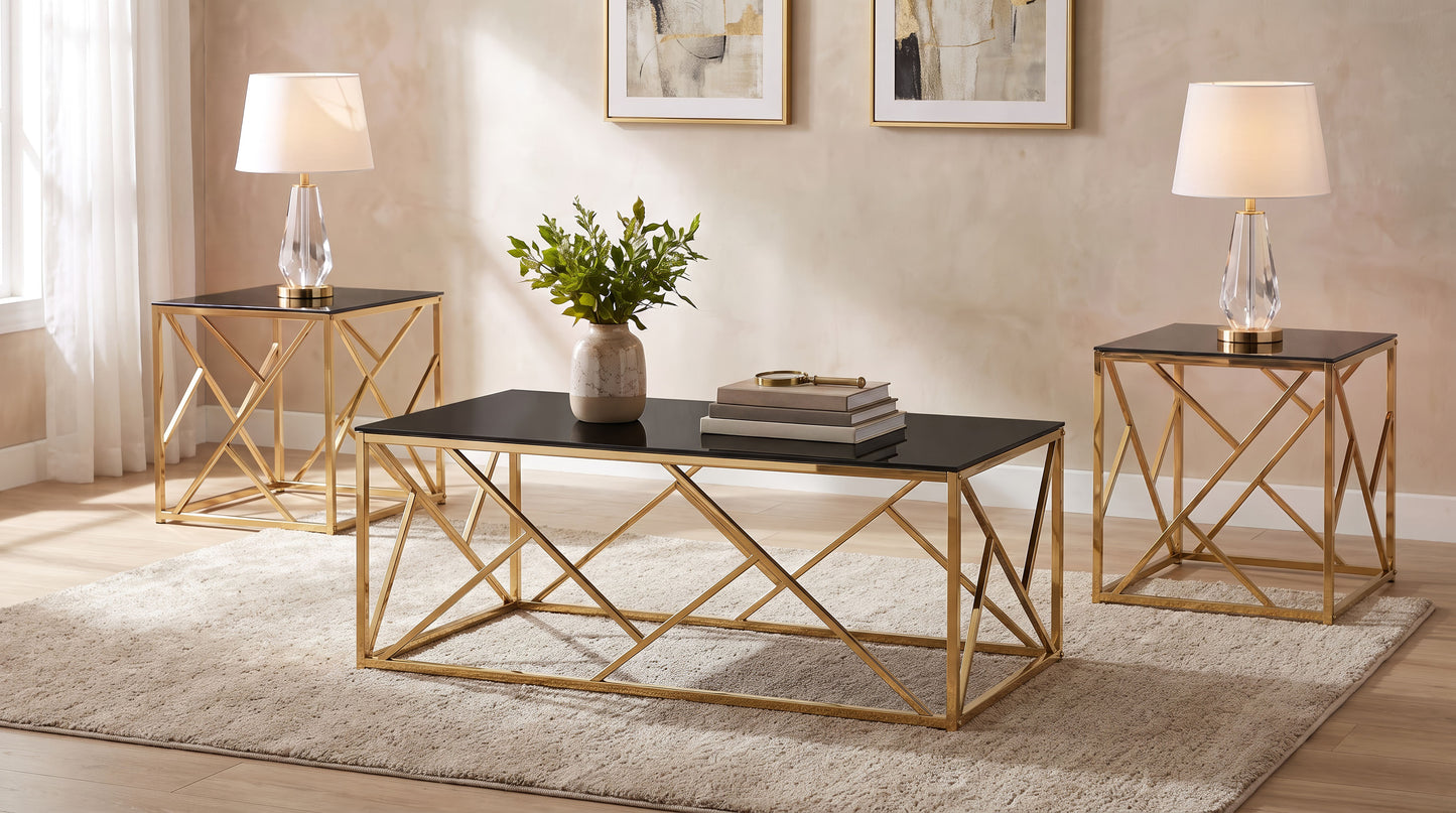 Comisso Contemporary 3-Piece Tempered Glass Coffee Table Set Gold