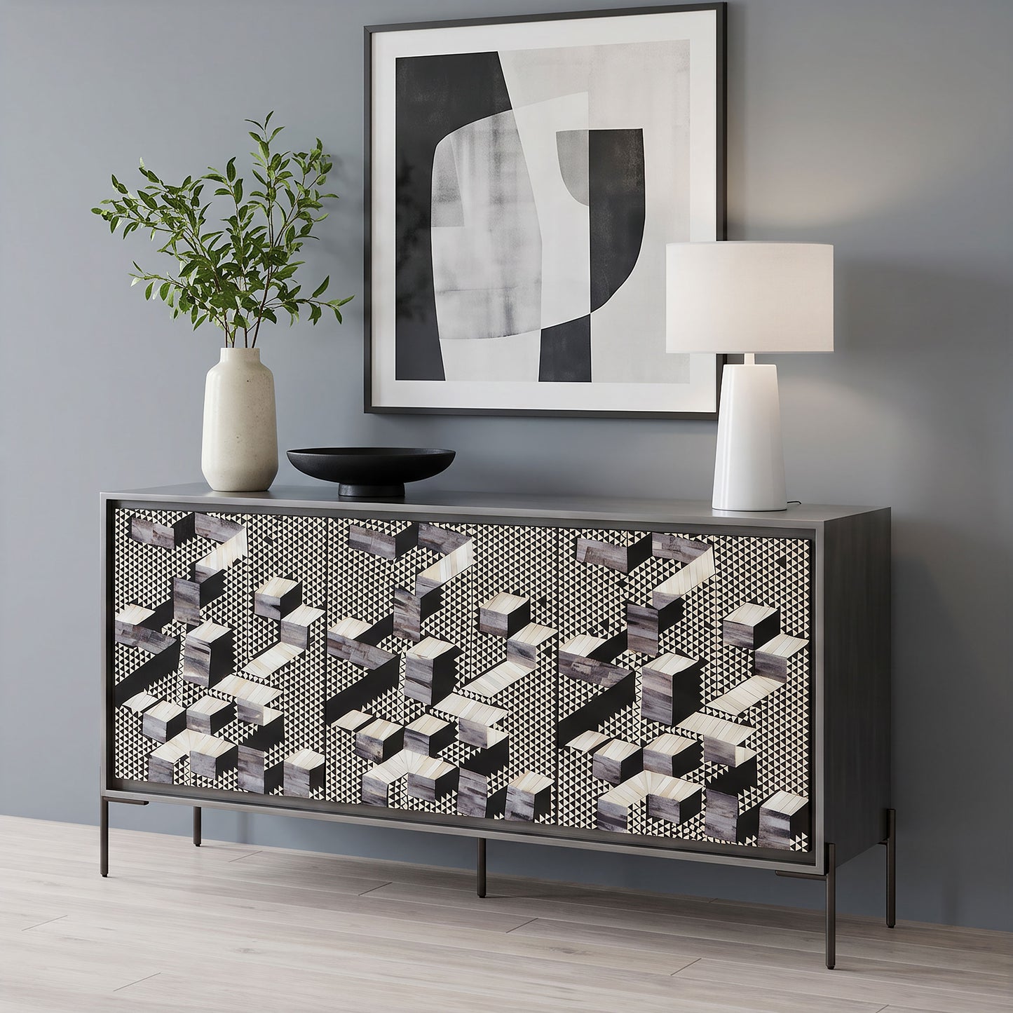 Krause 3-door Bone Inlay Accent Cabinet Grey and Black